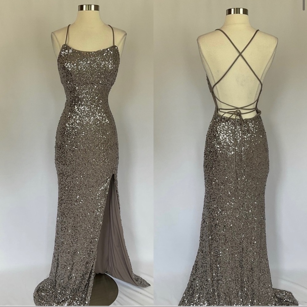 Aqua Sequined Backless Sheath Evening Gown Dress